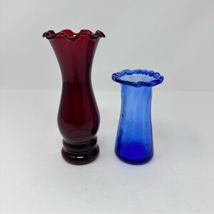 Vintage Glass Bud Vases Anchor Hocking Royal Ruby Red & Cobalt Blue Ruffled Rim